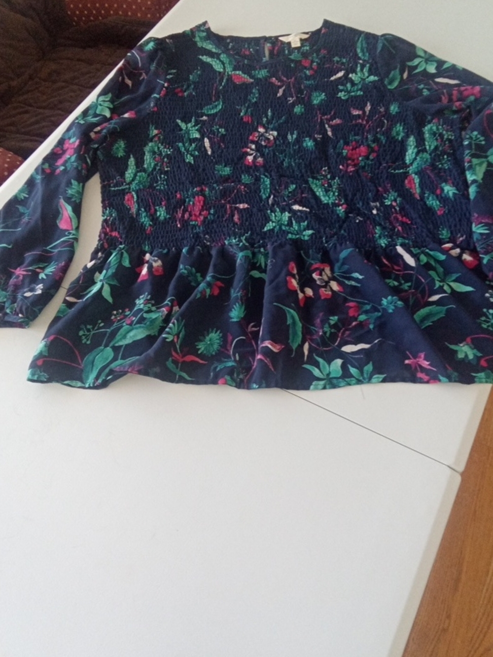 Terra & Sky Navy Floral Smocked Peplum Top with Green and Pink Accents